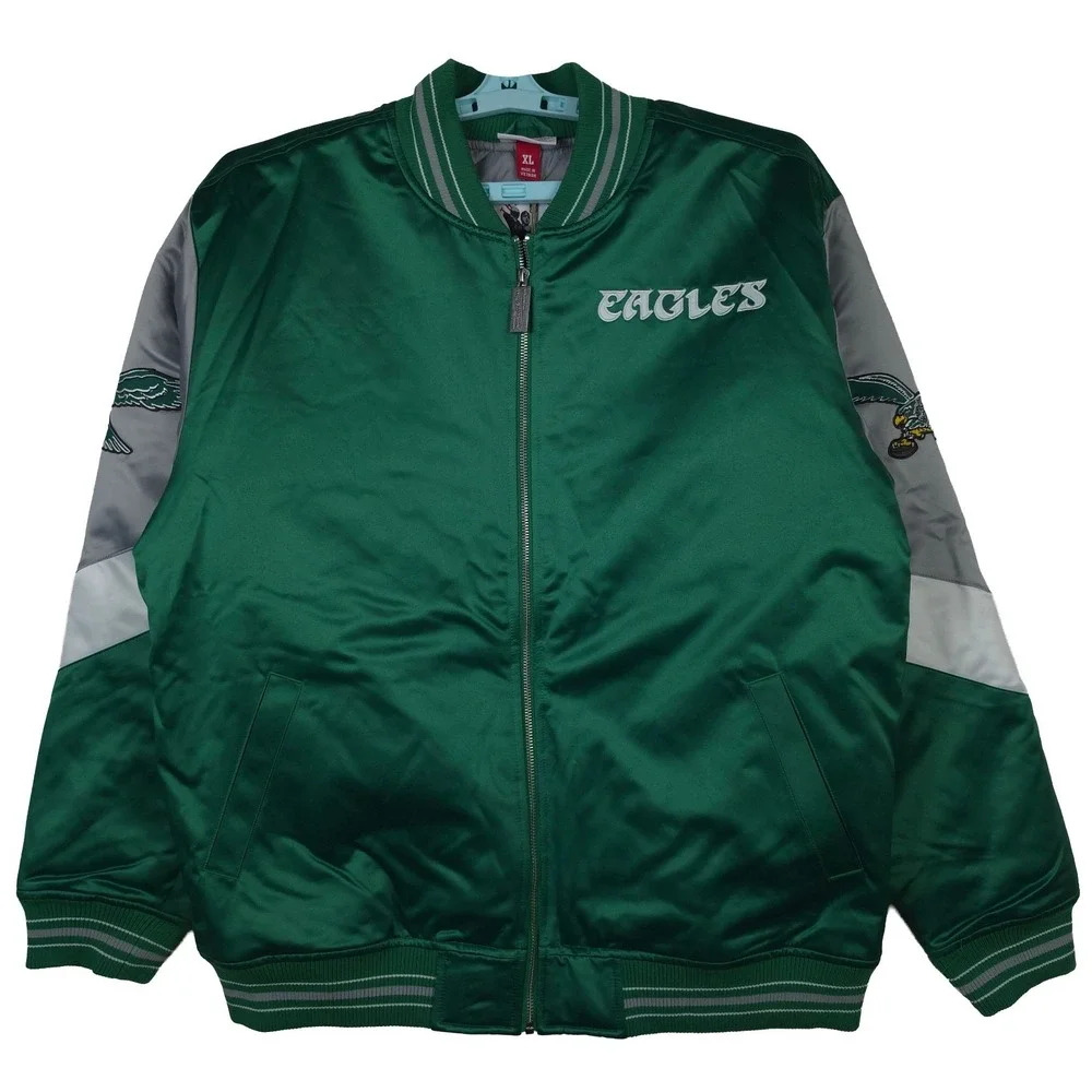 Philadelphia Eagles Mitchell & Ness NFL XL XLarge Satin Jacket Green Gray NWT